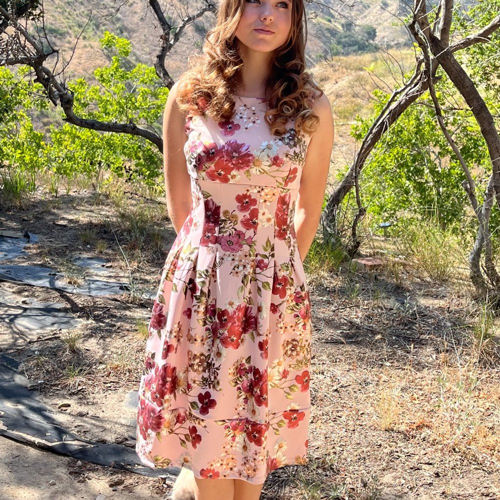 Pink Floral Midi Dress. Size 8.